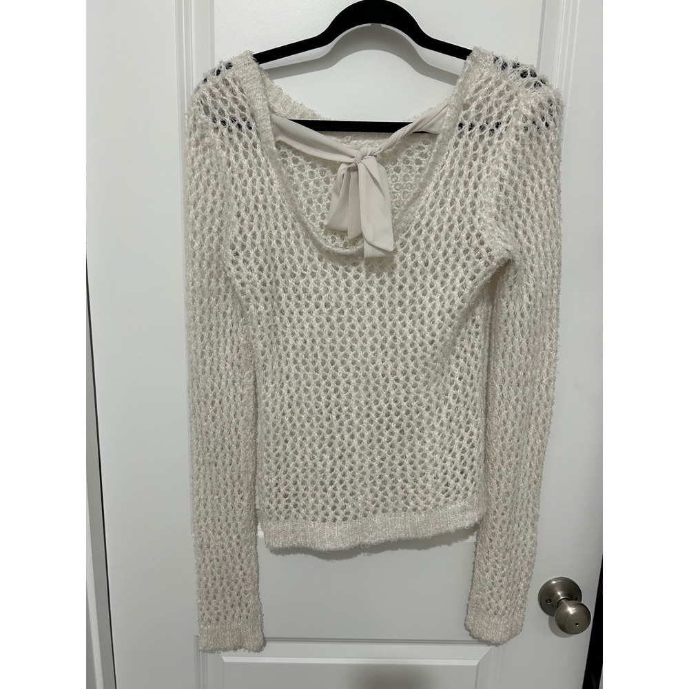Delias Cream Crochet Knit Sweater Bow Back Long Sleeve Women's M - Picture 4 of 5